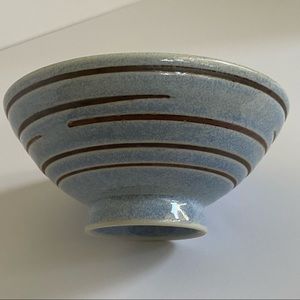 Vintage Rice Bowl Blue Porcelain Pottery with Brown Stripes Footed 5” wide EUC